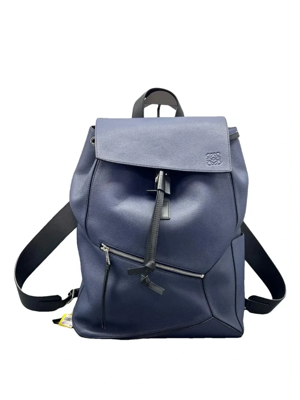 Loewe Navy Pebbled Leather Drawstring Backpack with Black Straps
